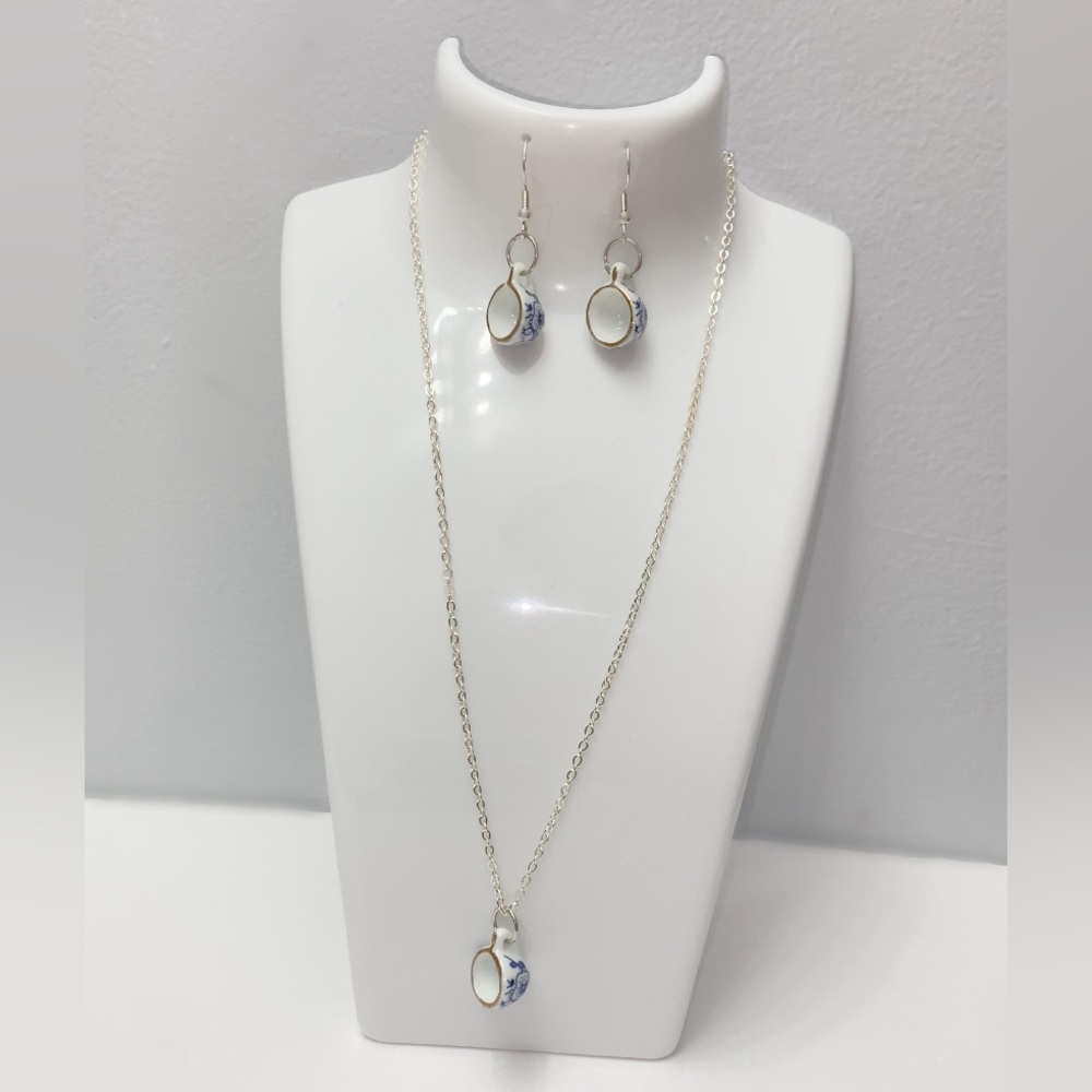 Ceramic Tea Cup Silver Necklace and Earring Set ☕️
